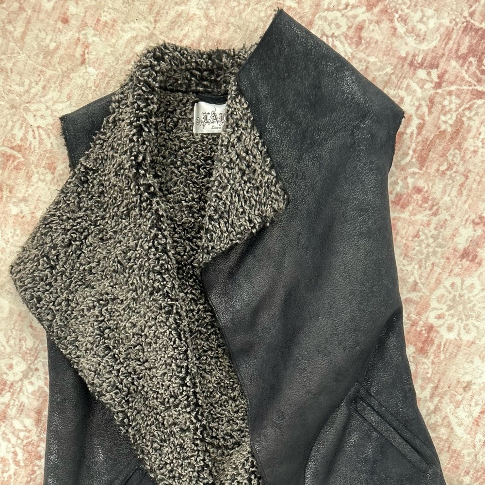 Live a Little Black and Gray Faux Leather Teddy Sleeveless Vest